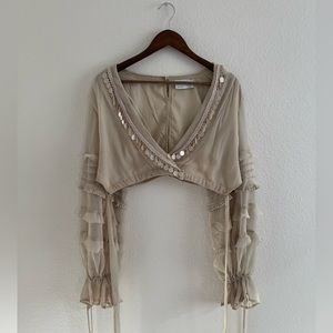 Asos Design Coin Trim Tie Crop Top Ruched Sleeve Size 14